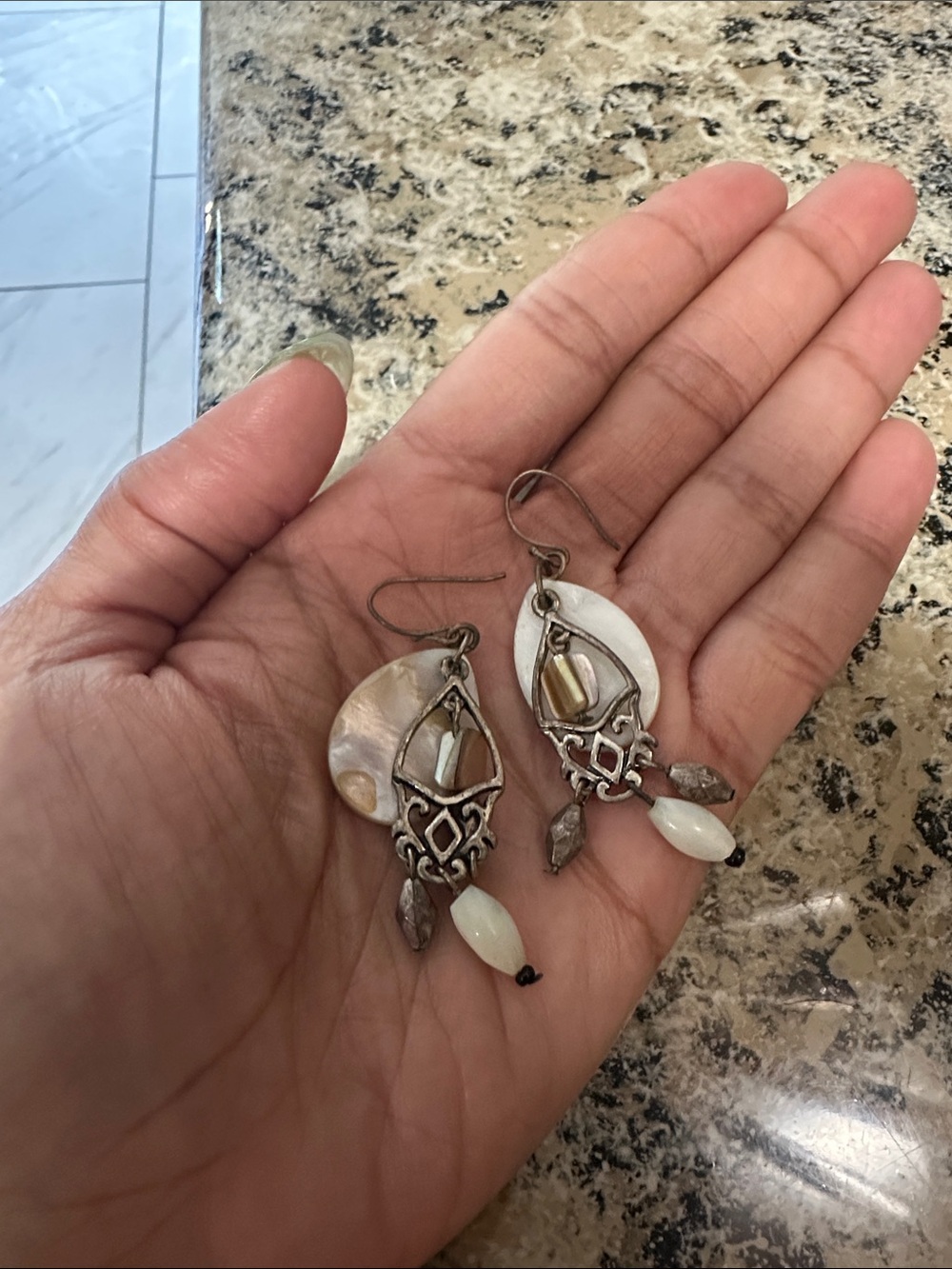 Bohemian White and Silver Shell Dangle Earrings